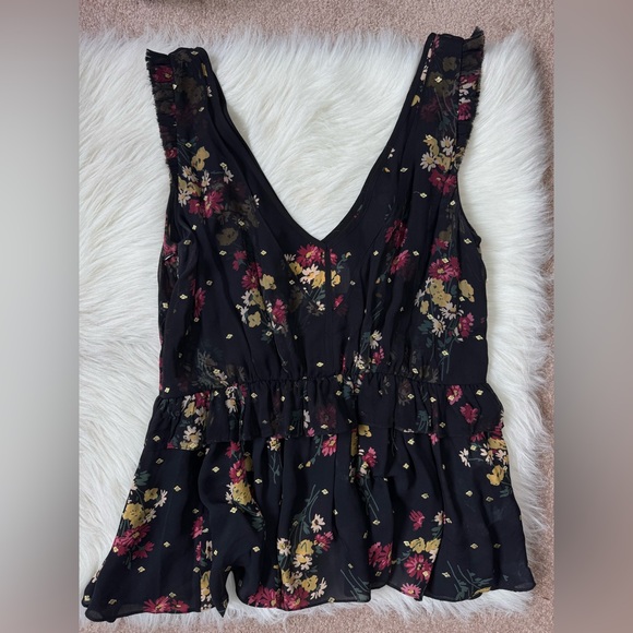 Cinq a Sept Black Floral Luna Sleeveless Ruffle Top Frayed Hem - Picture 6 of 7